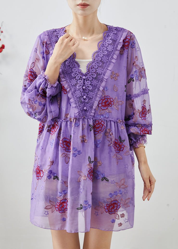 Elegant Purple Embroidered Patchwork Chiffon Vacation Dress Fall