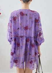 Elegant Purple Embroidered Patchwork Chiffon Vacation Dress Fall