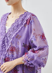 Elegant Purple Embroidered Patchwork Chiffon Vacation Dress Fall