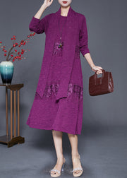 Elegant Purple Embroideried Patchwork Scarf Long Dress Fall