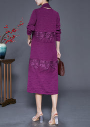 Elegant Purple Embroideried Patchwork Scarf Long Dress Fall