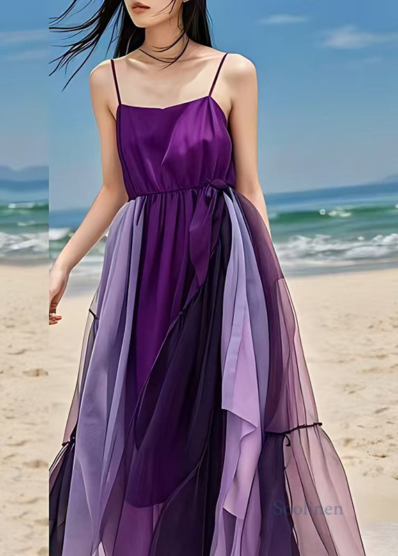 Elegant Purple Exra Large Hem Patchwork Tulle Beach Dresses Summer