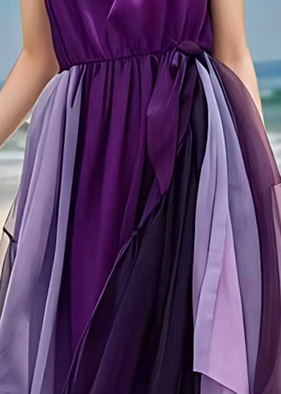 Elegant Purple Exra Large Hem Patchwork Tulle Beach Dresses Summer