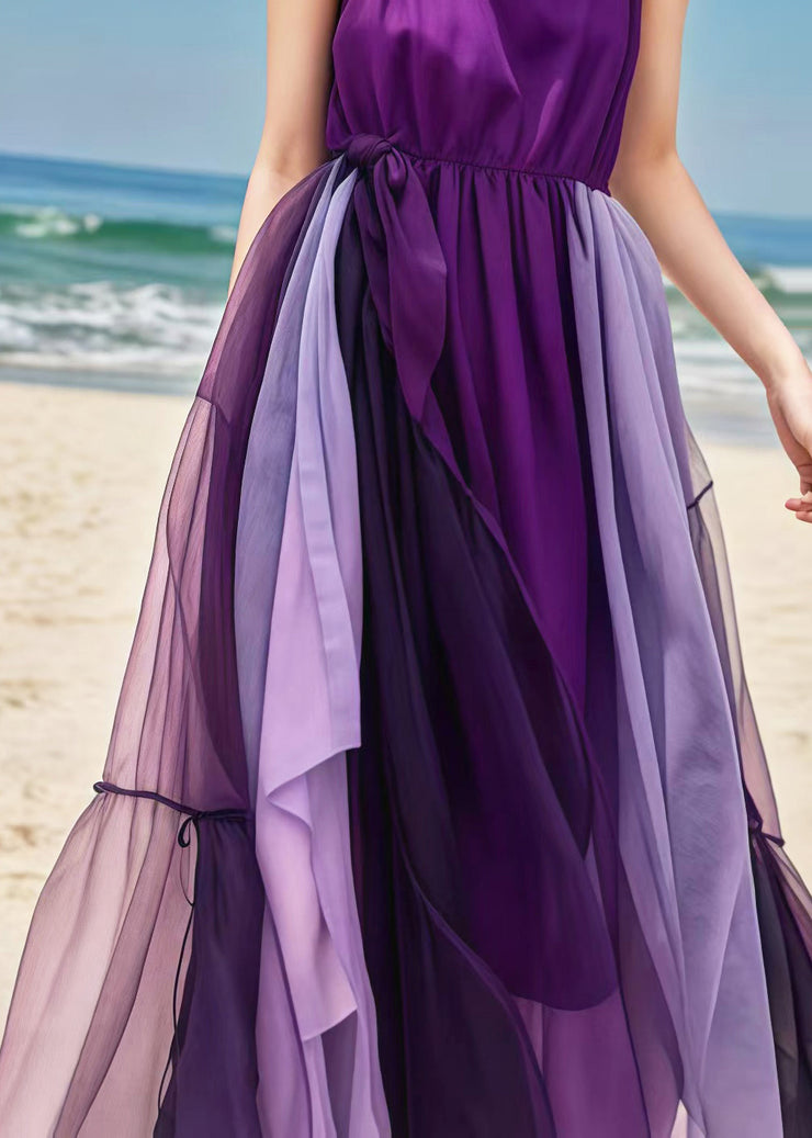 Elegant Purple Exra Large Hem Patchwork Tulle Beach Dresses Summer