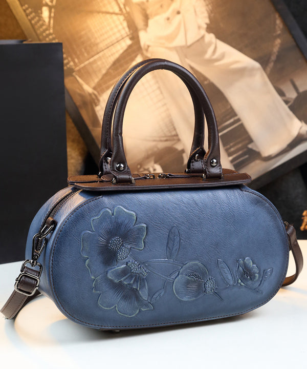 Elegant Purple Handmade Embossed Calf Leather Tote Handbag