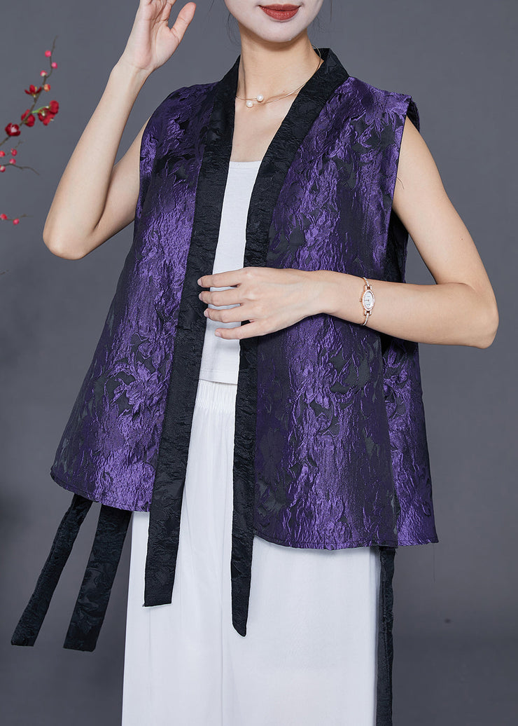 Elegant Purple Jacquard Patchwork Silk Vest Fall