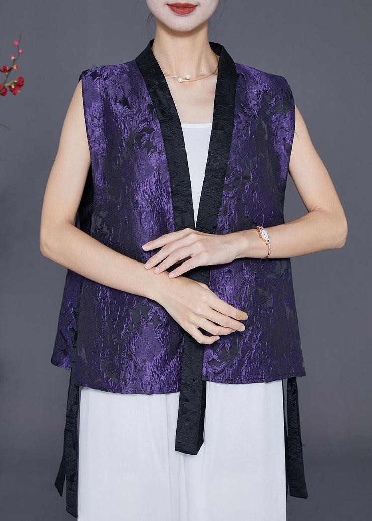 Elegant Purple Jacquard Patchwork Silk Vest Fall