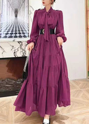 Elegant Purple Lace Up Wrinkled Patchwork Chiffon Dress Long Sleeve