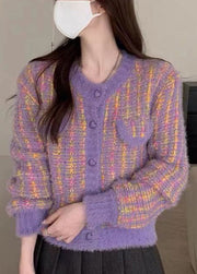 Elegant Purple O Neck Button Mink Hair Knitted Coats Fall