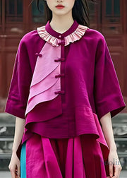 Elegant Purple O-Neck Patchwork Low High Design Shirt Half Sleeve