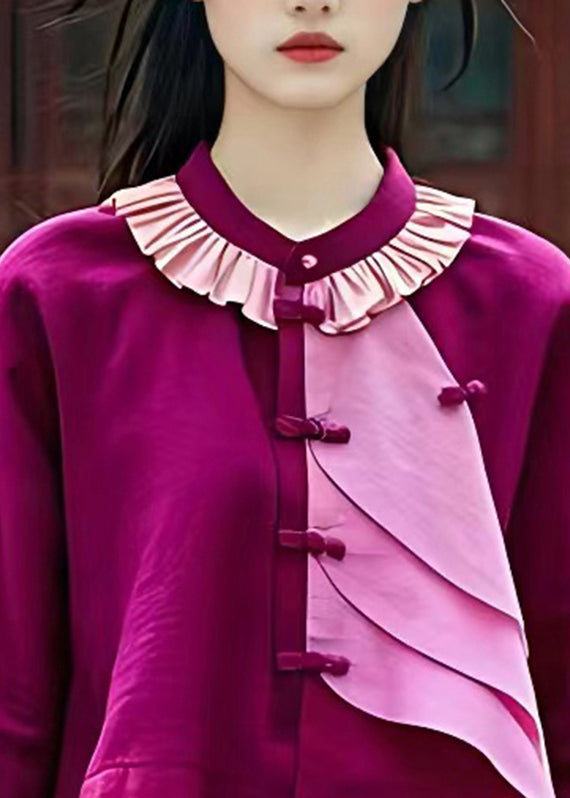 Elegant Purple O-Neck Patchwork Low High Design Shirt Half Sleeve