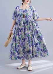 Elegant Purple O-Neck Print Patchwork Long Dress Short Sleeve