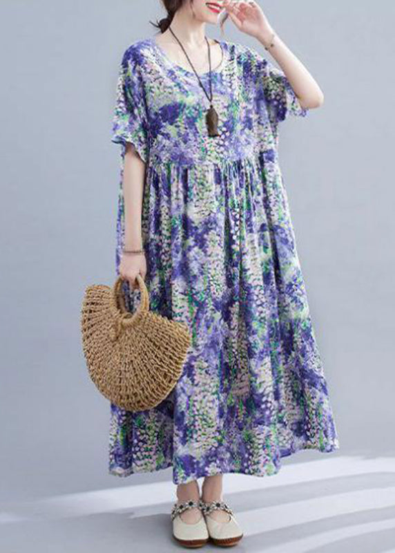 Elegant Purple O-Neck Print Patchwork Long Dress Short Sleeve
