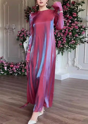 Elegant Purple O Neck Silk Maxi Dress Fall