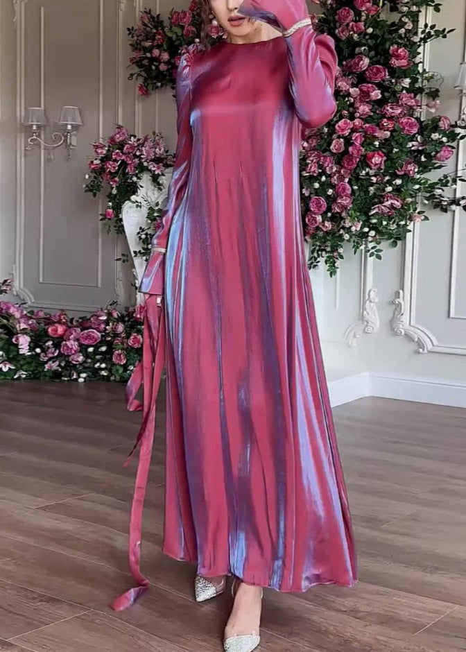 Elegant Purple O Neck Silk Maxi Dress Spring