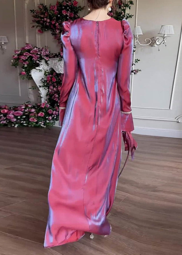 Elegant Purple O Neck Silk Maxi Dress Spring