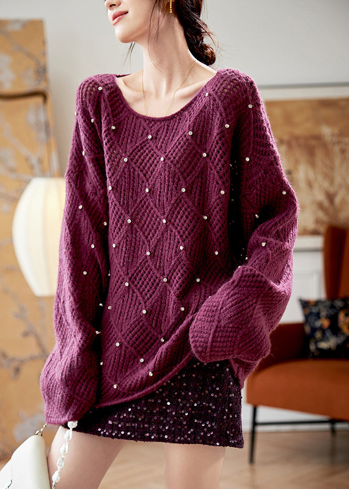 Elegant Purple O Neck Zircon Knit Sweaters Fall