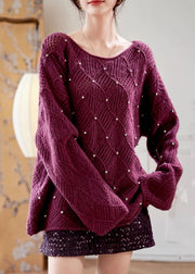 Elegant Purple O Neck Zircon Knit Sweaters Fall