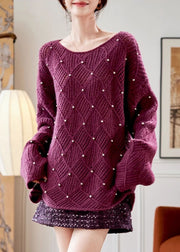 Elegant Purple O Neck Zircon Knit Sweaters Fall