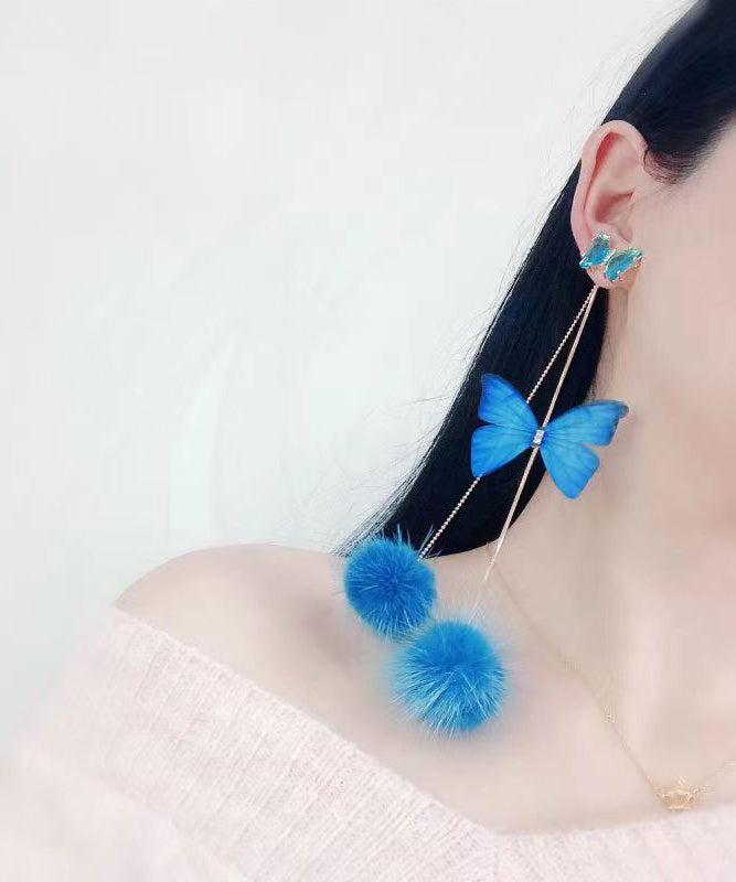 Elegant Purple Overgild Crystal Mink Hair Butterfly Tassel Drop Earrings