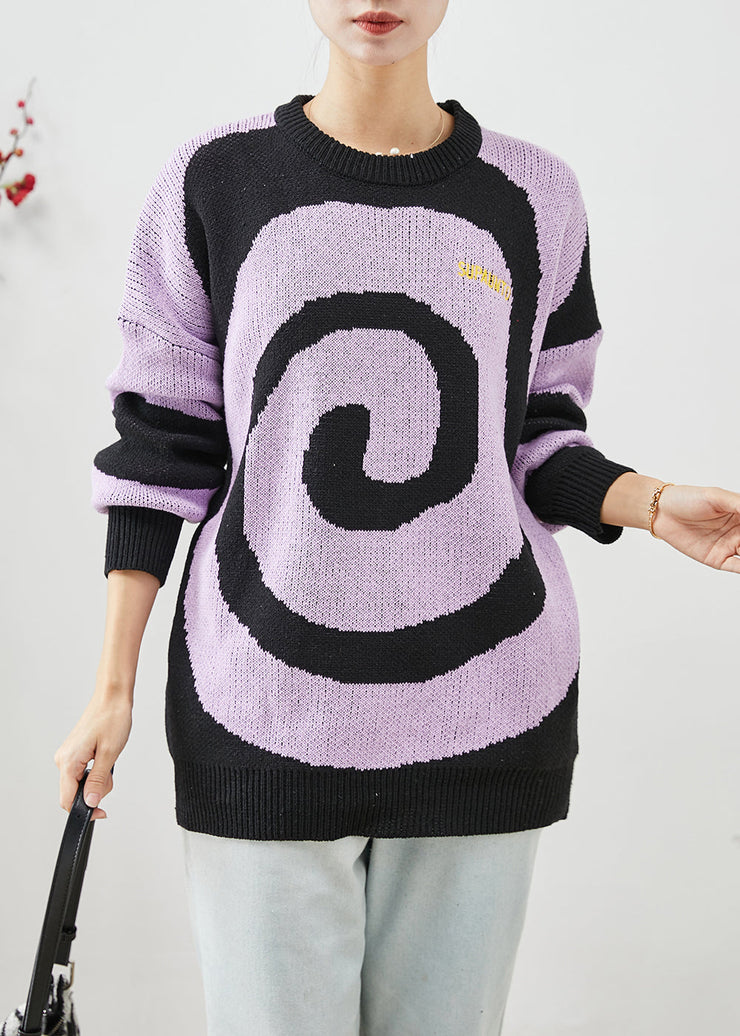 Elegant Purple Oversized Print Knit Sweaters Winter