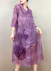 Elegant Purple Peter Pan Collar Embroideried Patchwork Tulle Trench Summer