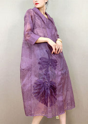 Elegant Purple Peter Pan Collar Embroideried Patchwork Tulle Trench Summer