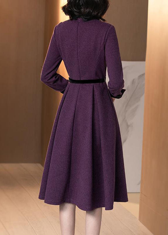 Elegant Purple Peter Pan Collar Patchwork Cotton Cinch Dress Long Sleeve