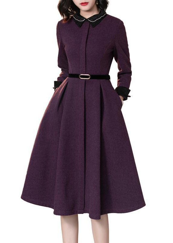 Elegant Purple Peter Pan Collar Patchwork Cotton Cinch Dress Long Sleeve