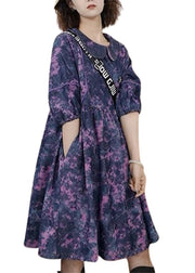 Elegant Purple Peter Pan Collar Tie Dye Wrinkled Vacation Long Dresses Half Sleeve