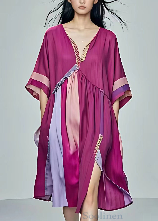 Elegant Purple Pockets Patchwork Cotton Dress Half Sleeve