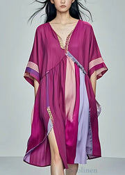 Elegant Purple Pockets Patchwork Cotton Dress Half Sleeve