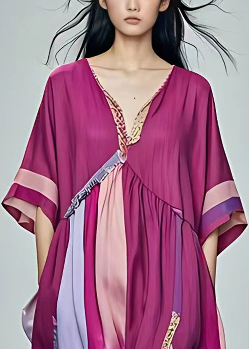 Elegant Purple Pockets Patchwork Cotton Dress Half Sleeve