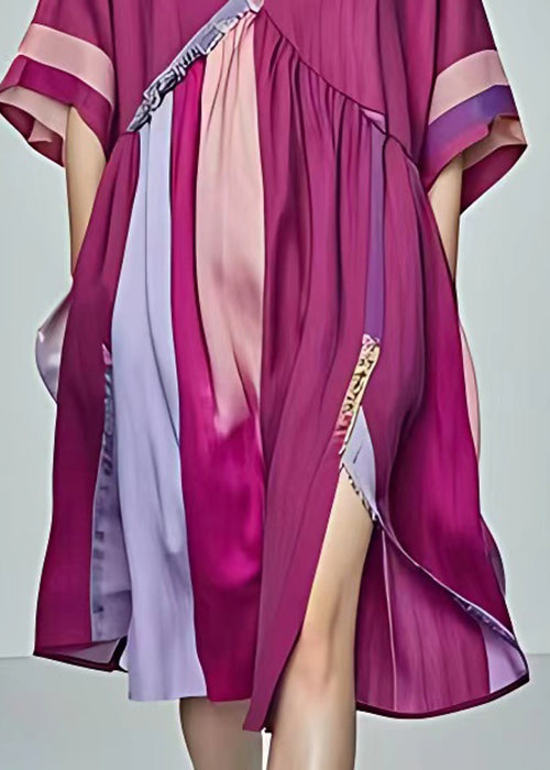 Elegant Purple Pockets Patchwork Cotton Dress Half Sleeve