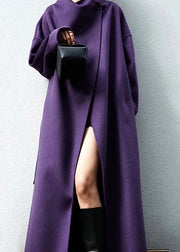 Elegant Purple Pockets Tie Waist Patchwork Woolen Coat Winter