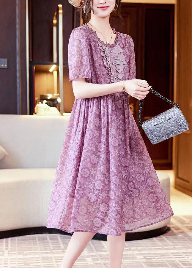 Elegant Purple Print Ruffled Patchwork Chiffon Long Dresses Summer