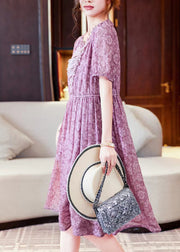 Elegant Purple Print Ruffled Patchwork Chiffon Long Dresses Summer