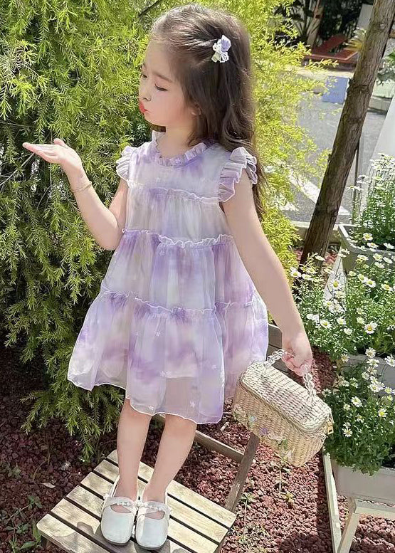 Elegant Purple Ruffled Print Chiffon Girls Dresses Summer