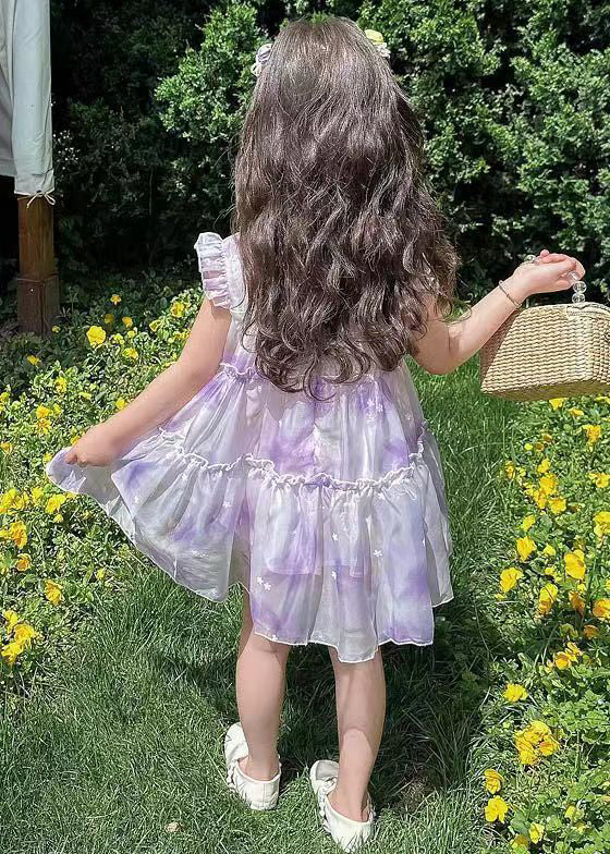 Elegant Purple Ruffled Print Chiffon Girls Dresses Summer