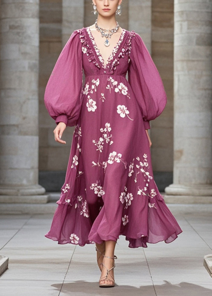 Elegant Purple Ruffled Print Chiffon Robe Dresses Fall