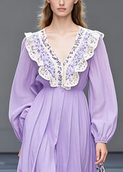 Elegant Purple Ruffled Print Patchwork Cotton Dresses Long Sleeve