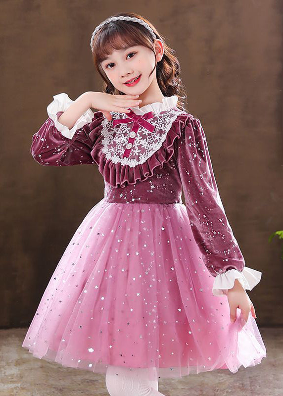 Elegant Purple Ruffled Velour Patchwork Tulle Baby Girls Dress Fall