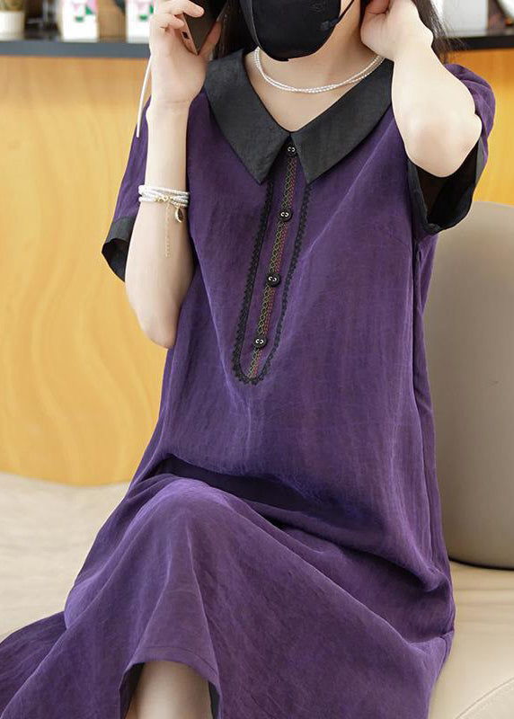 Elegant Purple Solid Patchwork Silk Long Dress Summer