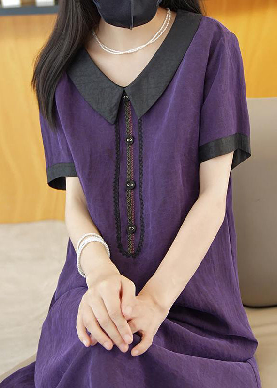 Elegant Purple Solid Patchwork Silk Long Dress Summer