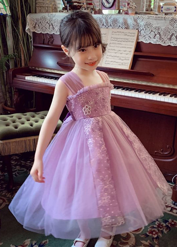 Elegant Purple Square Collar Embroideried Patchwork Tulle Kids Maxi Dress Summer