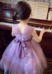 Elegant Purple Square Collar Embroideried Patchwork Tulle Kids Maxi Dress Summer