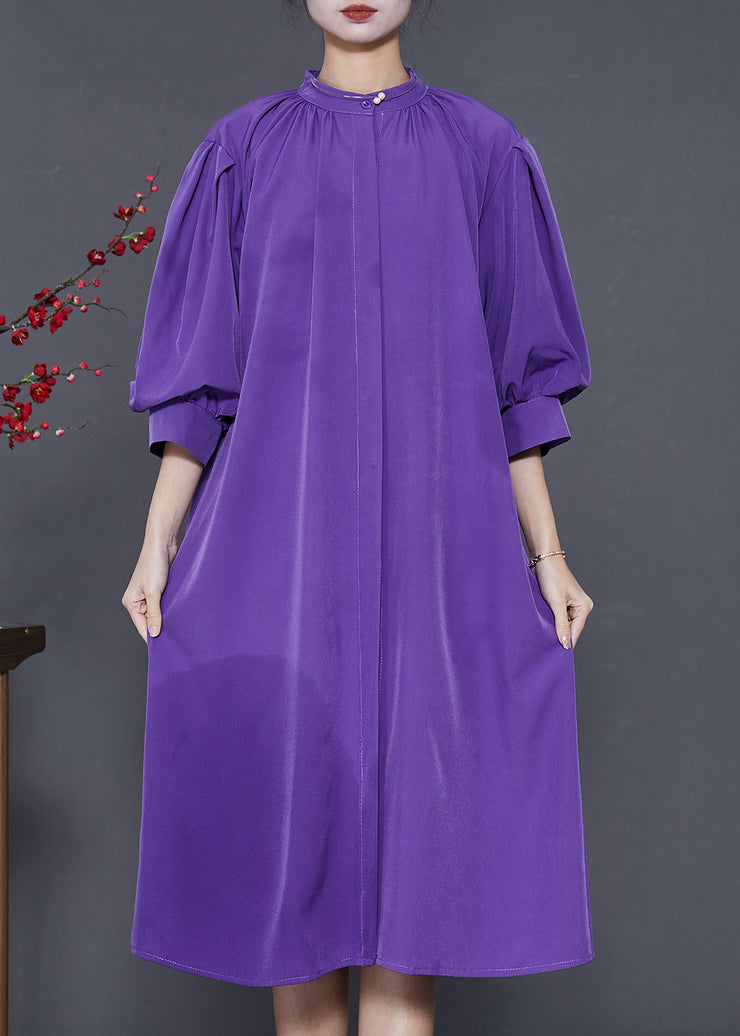 Elegant Purple Stand Collar Puff Sleeve Cotton Sundress