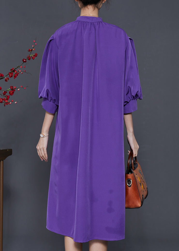Elegant Purple Stand Collar Puff Sleeve Cotton Sundress