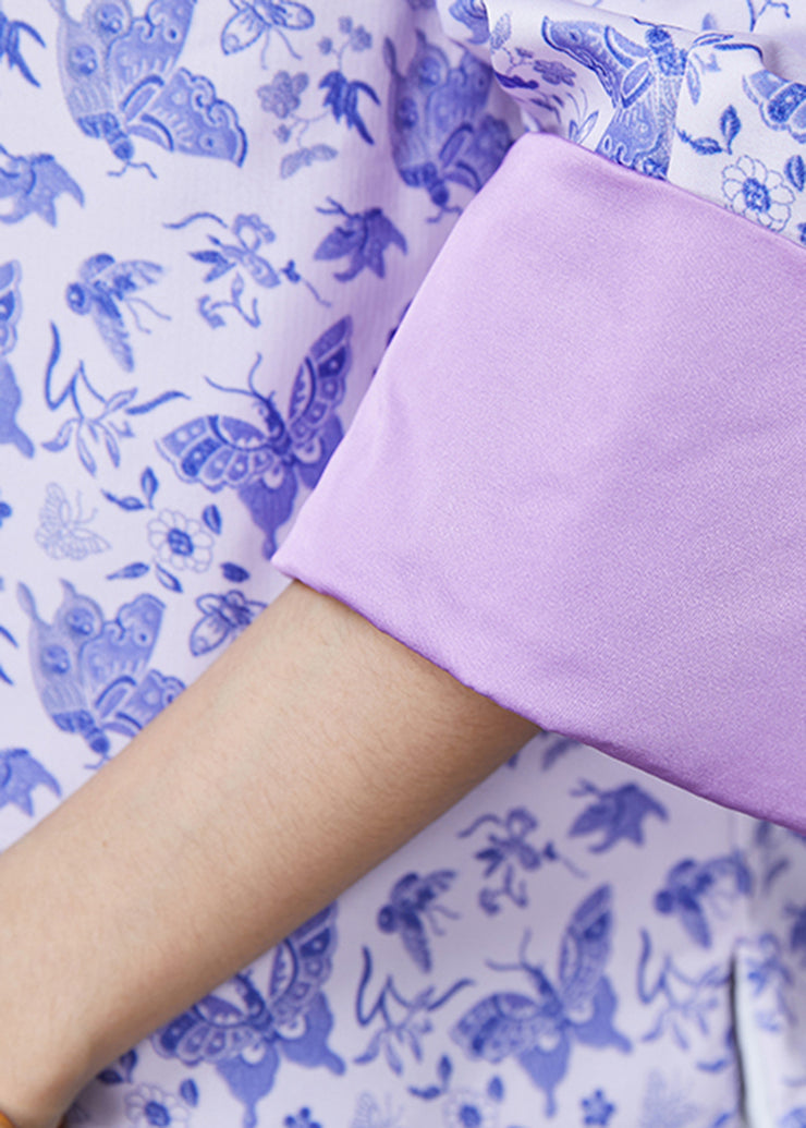 Elegant Purple Tasseled Print Silk Coats Spring