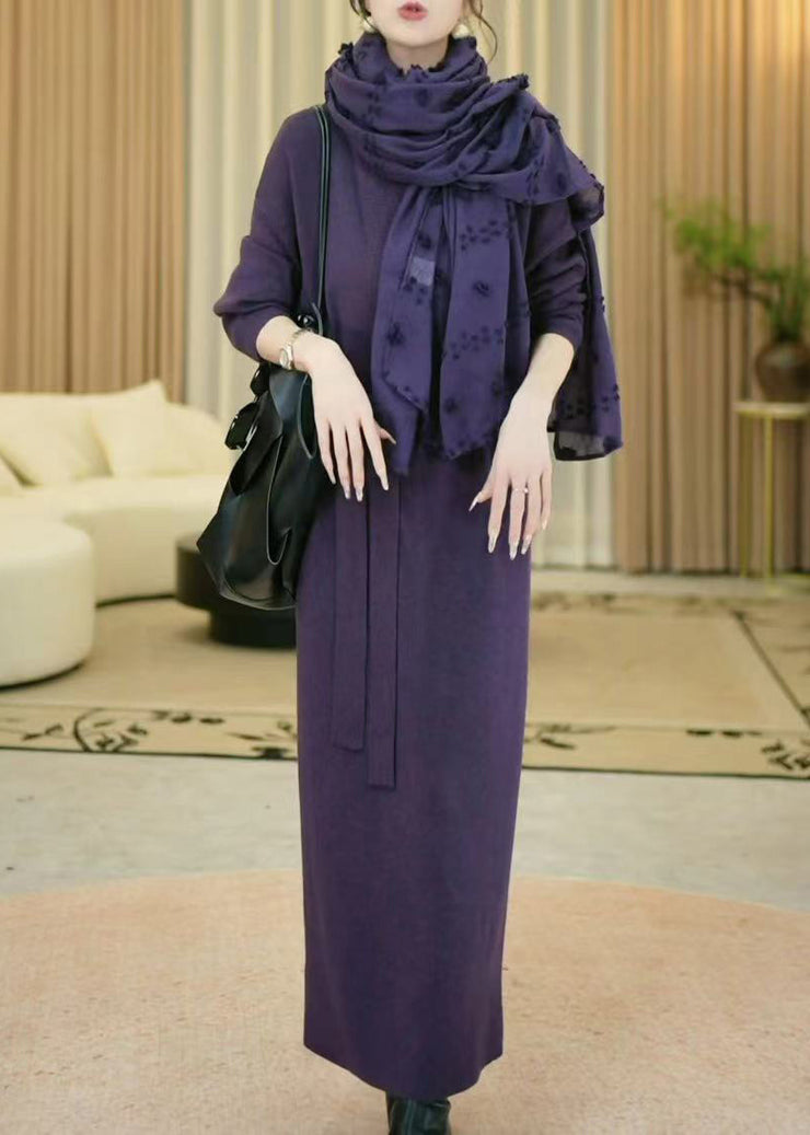 Elegant Purple V Neck Cozy Knit Long Sweater Winter